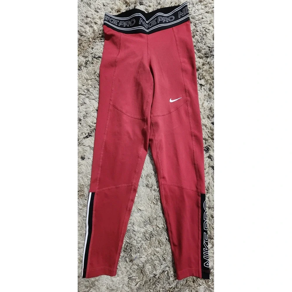 Nike Pro Dri-Fit Leggings‎ Women's XS Dark Red Black Band Logo Crossfit Active